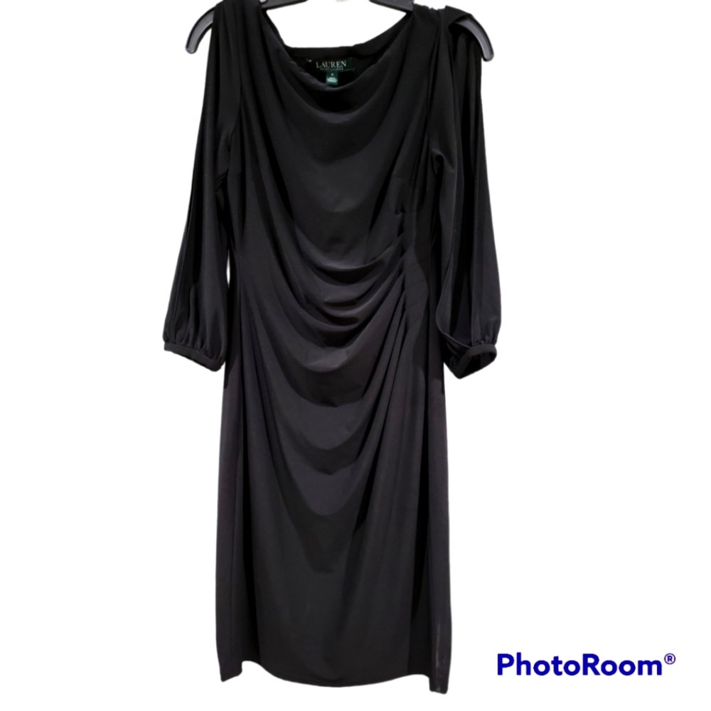 Lauren black ruched midi with slashed sleeves, size 6